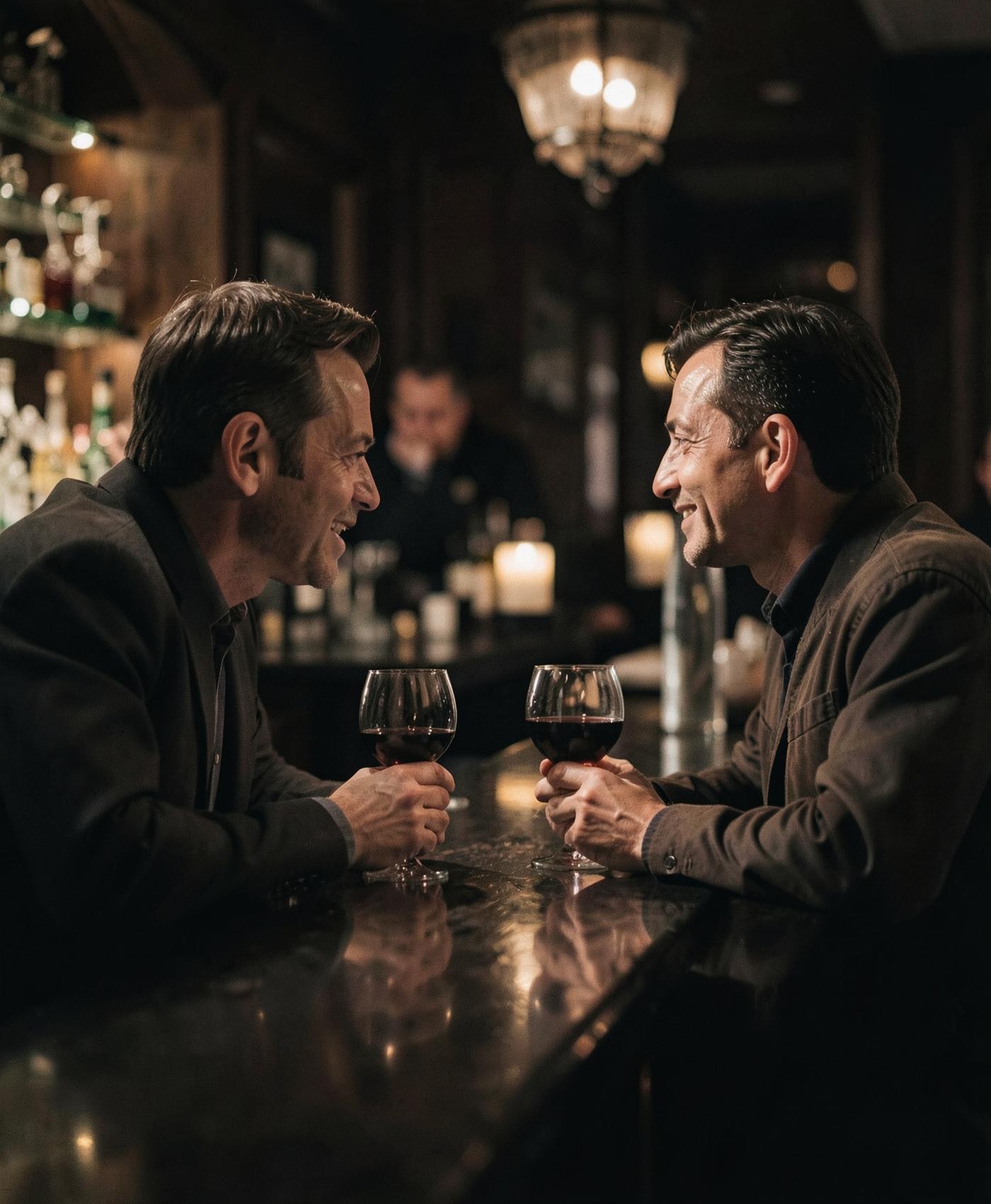 Two people in conversation over a drink in a warmly lit room