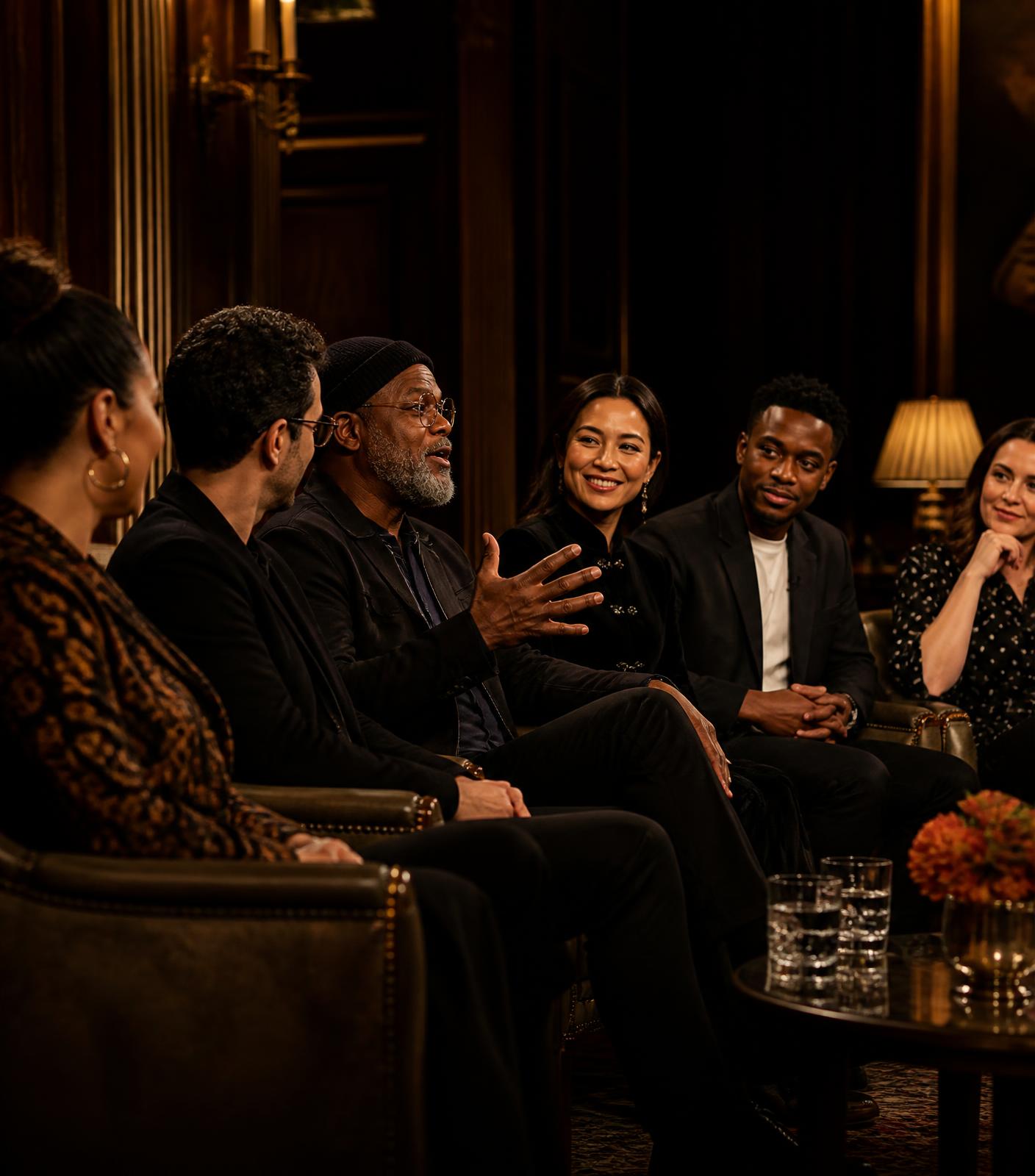 A panel conversation in a warmly lit room
