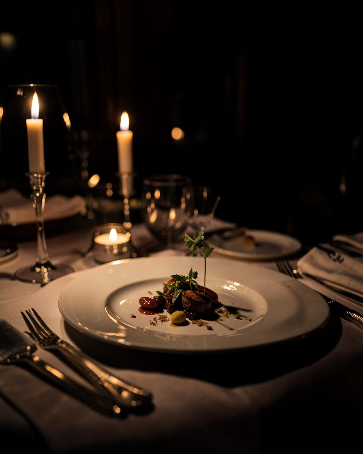 A plated dish on a candlelit private dining table