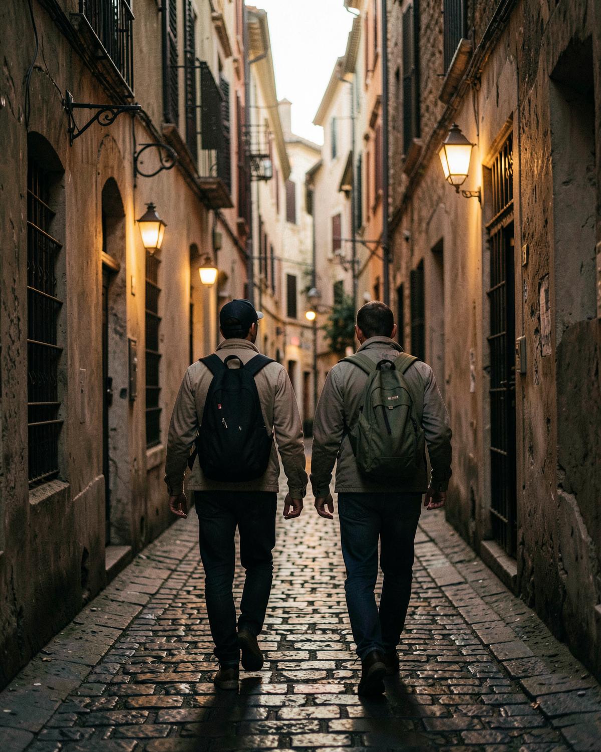 Travellers walking through an old European street at dusk