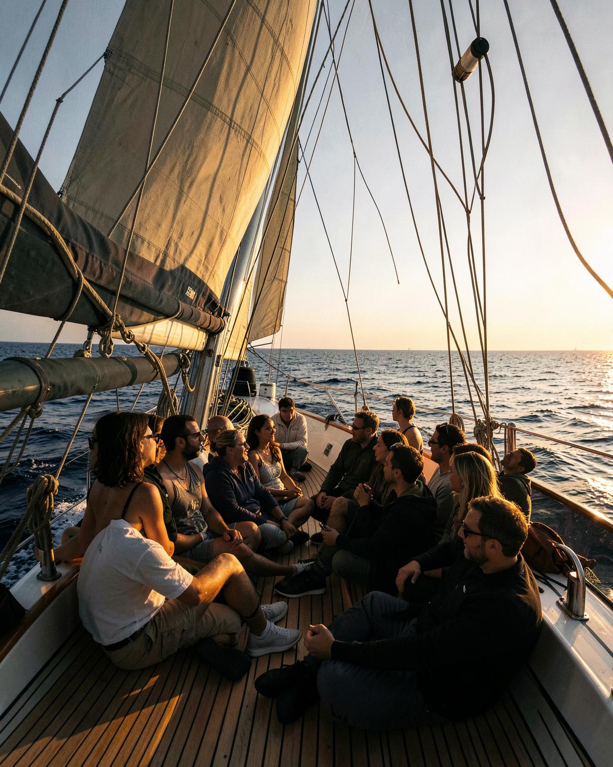 People talking on the deck of a sailing yacht at sunset