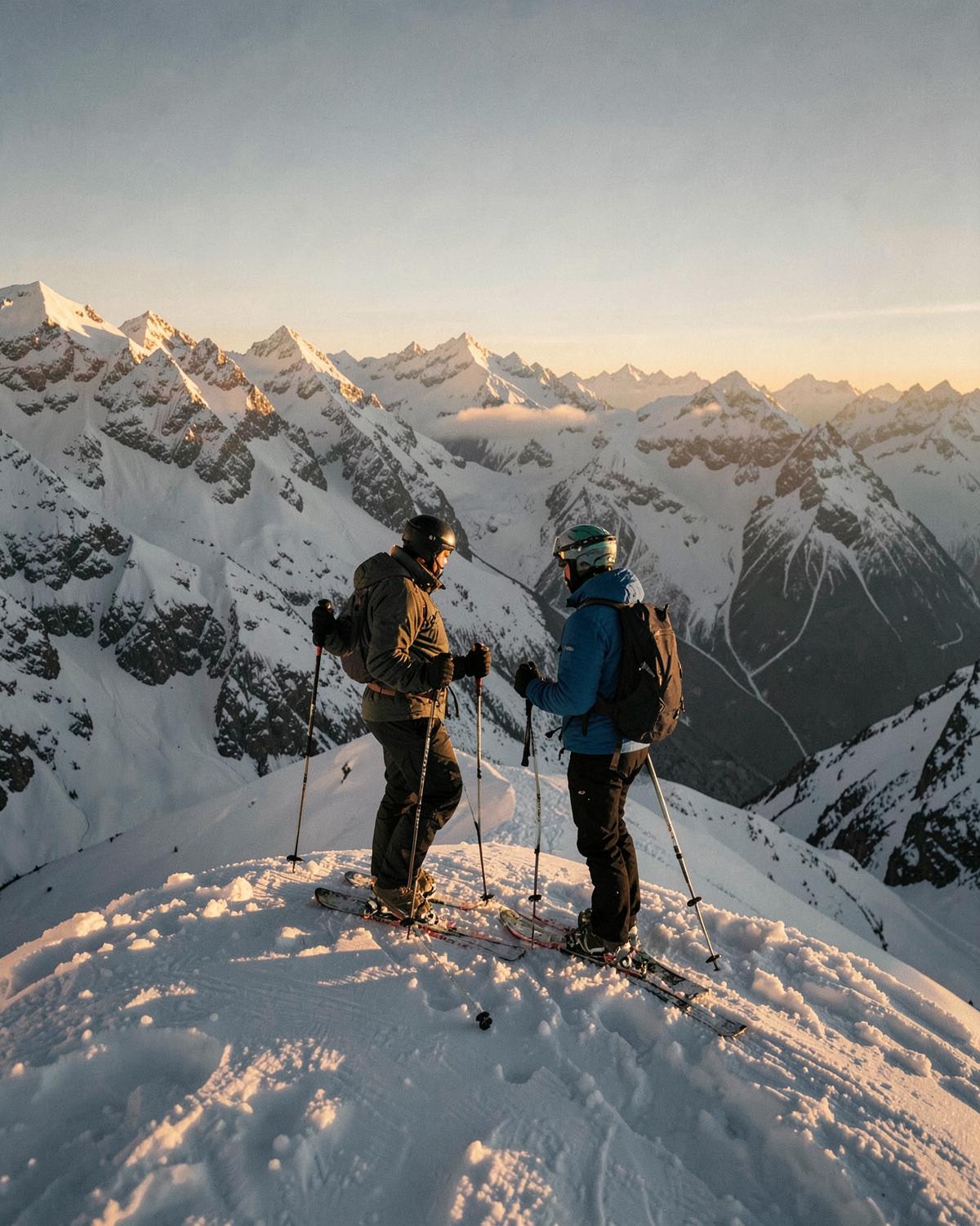 Two skiers pausing on an alpine ridge