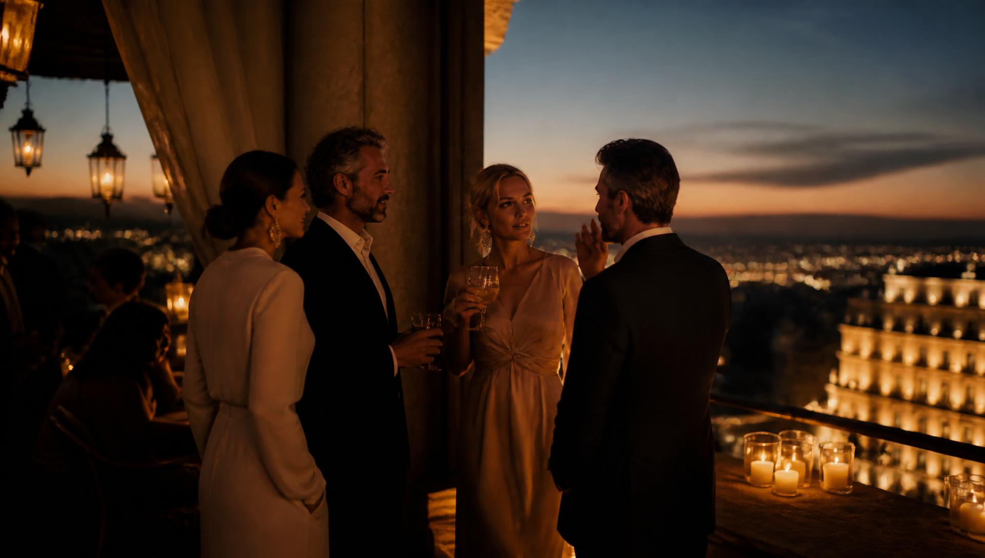 Guests talking on a candlelit terrace at dusk
