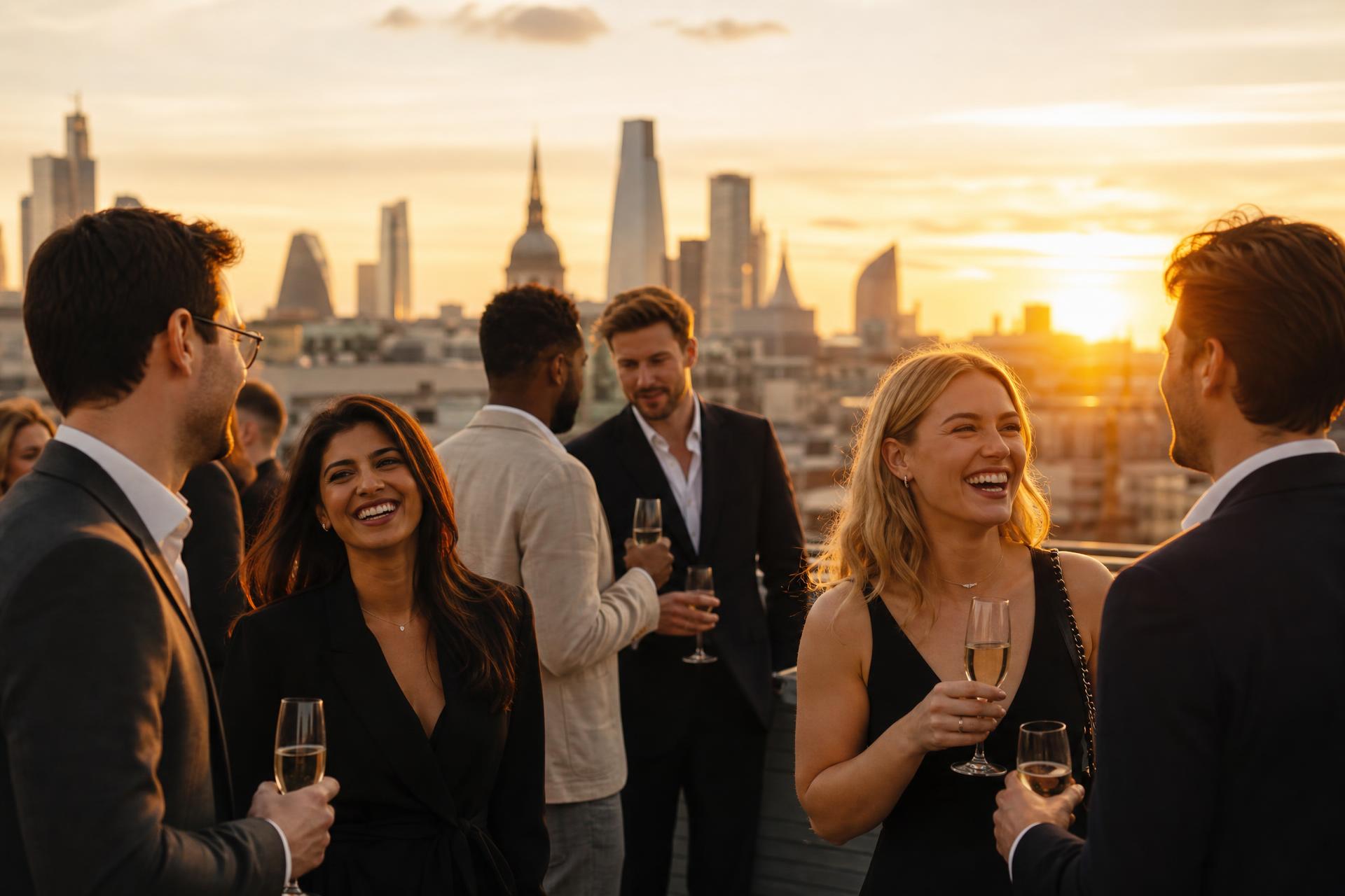 A small group overlooking the London skyline at sunset with champagne